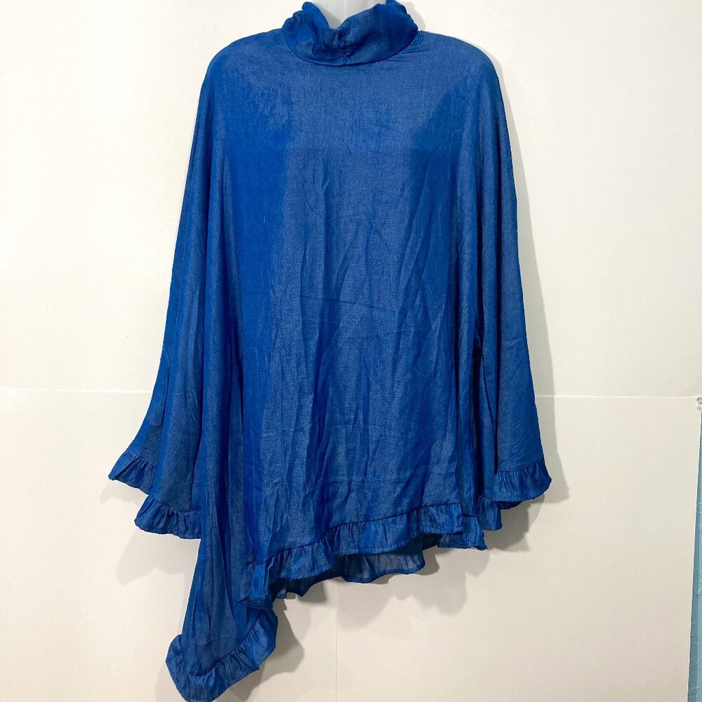 NWT Ursime Top Tunic High neck Asymmetrical Hem Ruffle Blue Chambray 3XL
